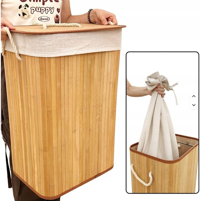 Кошик для білизни та іграшок із бамбука з кришкою, 72 л