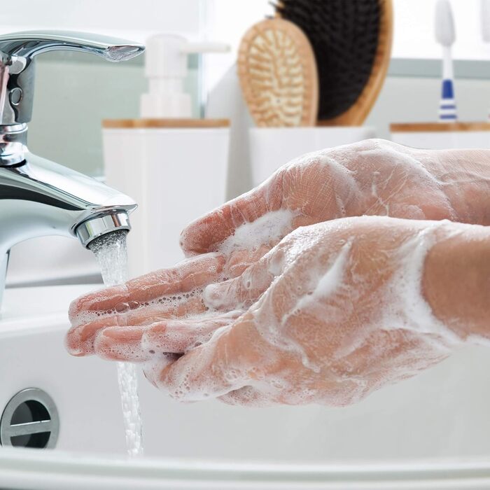 Набір аксесуарів для ванної Relaxdays (4 шт.), сучасний дизайн, зубний стакан, мильниця, дозатор мила, пластик & бамбук, білий, 17,5 x 7 x 7 см