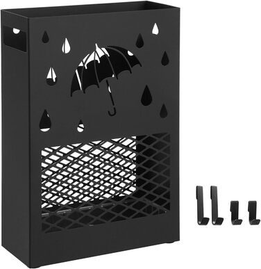 SONGMICS Metal Umbrella Stand with Water Tray, 4 Hooks, Cutout Design - Black for Entryway & Office