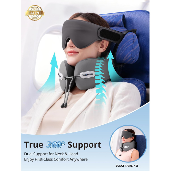 Подушка для шиї у літак з ременем безпеки та 3D маскою для сну, блакитна. Підтримка шиї та голови, високоякісний пінополіуретан, запобігає нахилу голови.