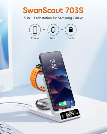 Бездротова зарядка 3-в-1 SwanScout 703S для Samsung Galaxy S26 Ultra/S25/S24/S23, Galaxy Watch 8/8 Classic/Ultra/7/6 та Buds 4/4 Pro - Біла