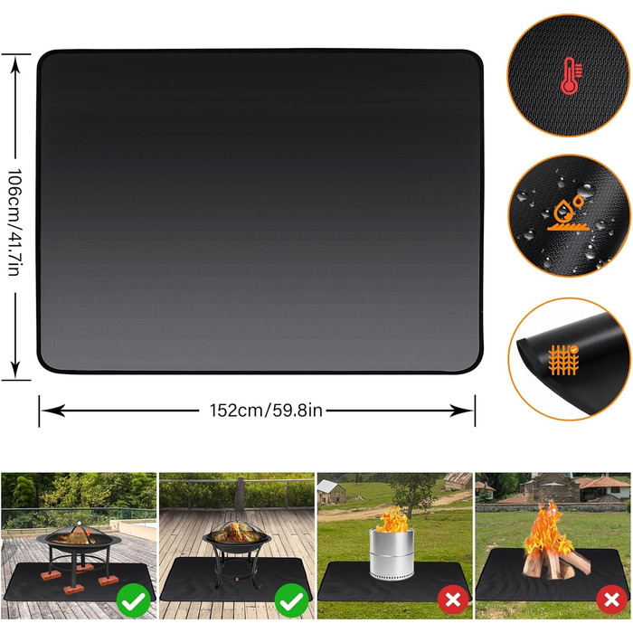 Вогнетривкий килимок для гриля та мангала ROCKY&CHAO, захисна підкладка з скловолокна та алюмінію 152x107 см для кемпінгу та тераси