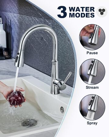 Змішувач кухонний iVIGA висувний з дощувачем, водоспад, 360° поворот, 3 режими, брашований нікель