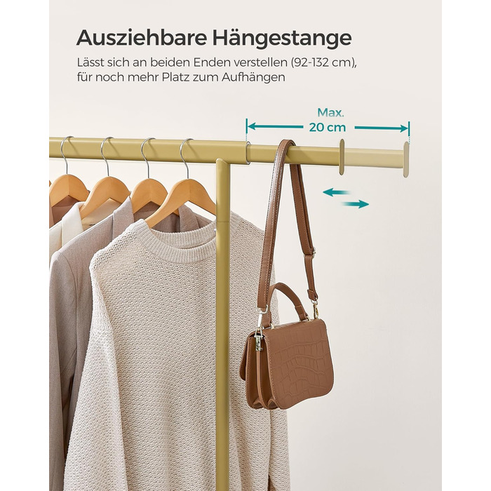 SONGMICS Clothes Rack on Wheels, Heavy-Duty Garment Rack, Extendable Clothes Rod, Load Capacity up to 100 kg, Easy Assembly, Portable, HSR13S (Pale Gold, (92-132) cm Width)