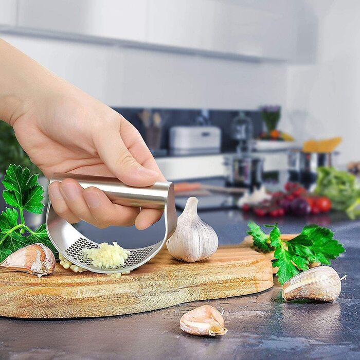 Прес для часнику з нержавіючої сталі, рокер, подрібнювач, прес-подрібнювач часнику, кухонний аксесуар з силіконовим очищувачем