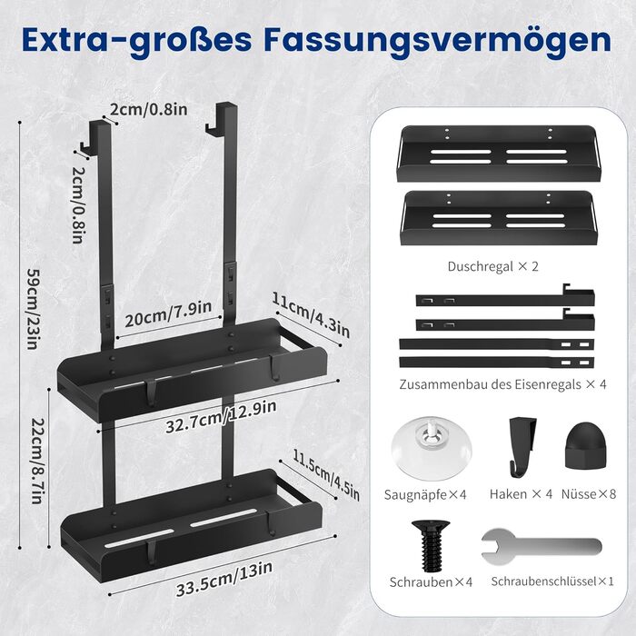 Настінна поличка для душу без свердління, чорна, з 4 гачками. Органайзер для шампуню та інших аксесуарів у ванну кімнату та кухню. Підходить для безрамкових скляних дверей.