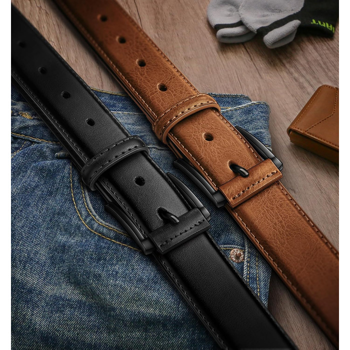 Чоловічий ремінь KEMISANT 2 шт. – шкіряний ремінь для чоловіків, повсякденний, для гольфу, до джинсів, 3,5 см (2 шт., Чорний/Tawny6327, 44-46)