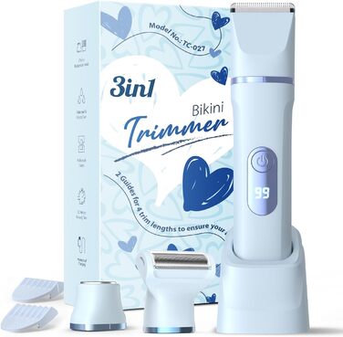 Електричний жіночий триммер 3-в-1 для тіла та інтимної зони з LED-дисплеєм, IPX7, USB, (Блакитний)