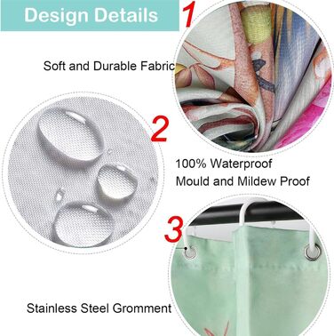 Штора для душу 180x180 см, зелена з квітами та пташками, антигрибкова, водонепроникна, поліестер, з кільцями (12 шт.)