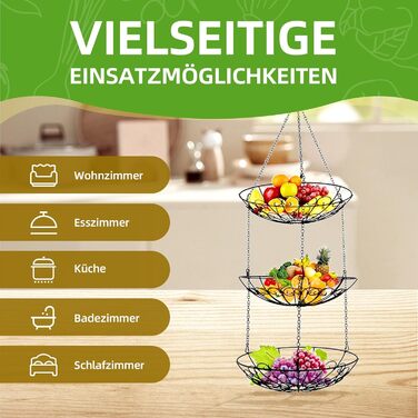 Металева етажерка для фруктів Stöckig 3 яруси - кошик для зберігання, чорний колір, для кухні, вітальні, офісу