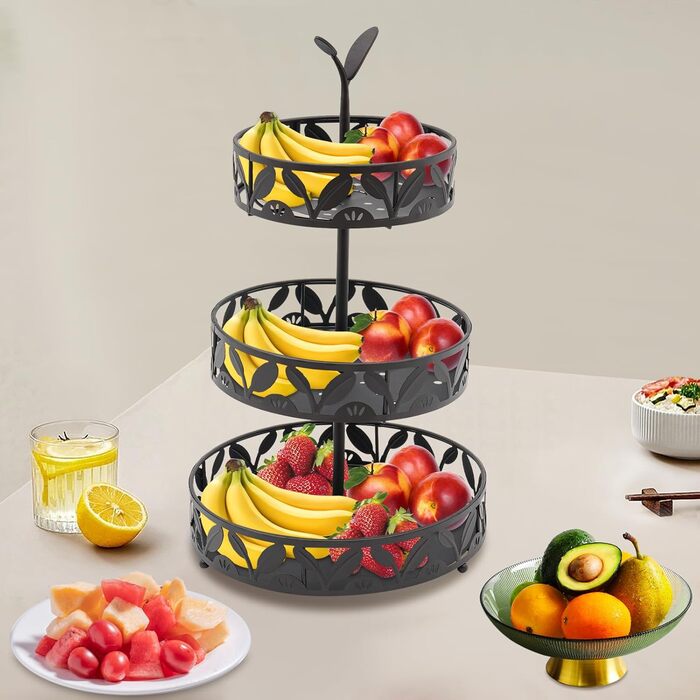 Багатоярусна підставка для фруктів Susoso, 3 яруси, чорна, 28.5x46.5 см