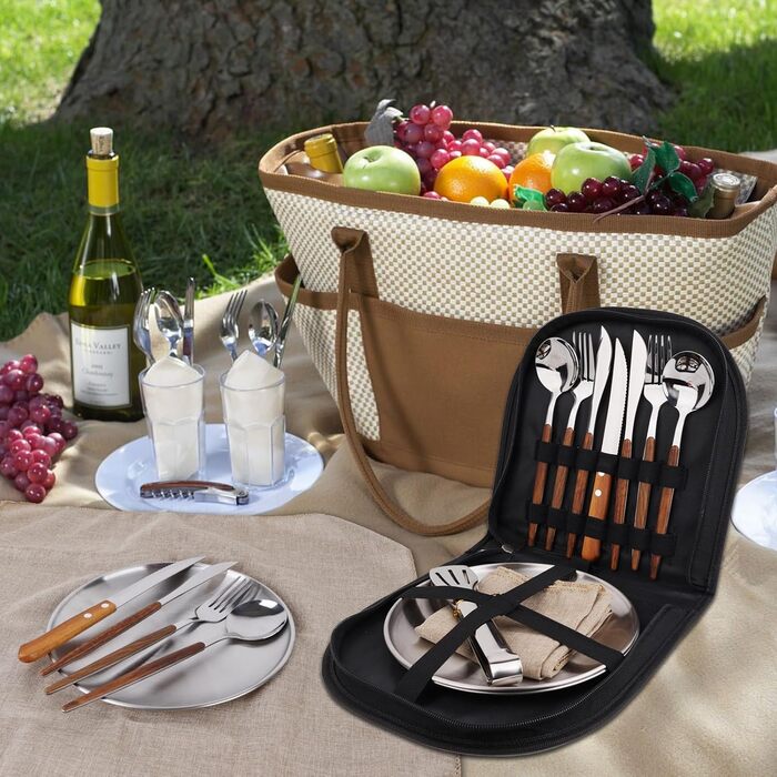 Набір посуду для кемпінгу на 2 особи, 12 предметів, нержавіюча сталь, столові прибори для пікніка, портативні чохли, ручки з імітацією дерева, килимок на стіл