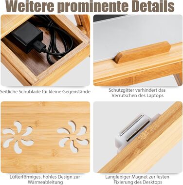 Столик для ноутбука COSTWAY з бамбука, регульований по висоті та куту нахилу, з вентиляцією, з ящиком, складний, для роботи та відпочинку, 53 x 33 x 20-26,5 см (натуральний бамбук)