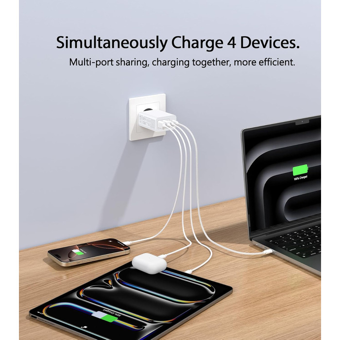 65W USB-C зарядний пристрій 3-портовий з кабелем 2м: для MacBook, iPhone, Switch, Galaxy, Tablet, Laptop