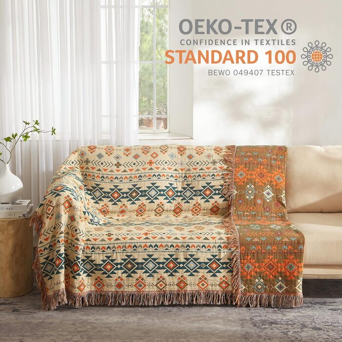 Плед Boho Softexly з 100% бавовни – двостороння муслінова ковдра 150x200 см, м'який плед на диван та покривало на ліжко, естетичний дизайн, ідеально для вітальні та спальні, помаранчево/блакитний (150 x 200 см, стиль модерн)