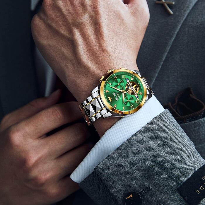 Годинник чоловічий OLEVS Automatik Skelett з автопідзаводом, механічний, люкс, з діамантами, сапфірове скло, водонепроникний, браслет з вольфрамової сталі (3186 Зелений/Золотий)