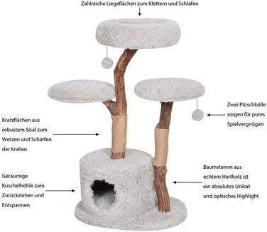 Котячий будиночок Dehner Premium Lovely: кігтеточка, лежанка, печера | для великих та маленьких котів | дерево, плюш, сизаль | стабільний, сучасний, сірий | 110 x 60 x 45 см