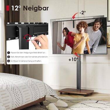 AOKCOS Rolling TV Stand with Wood Shelf - Adjustable Height & Swivel - Fits 43-75 Inch TVs (up to 50kg) - VESA 600x400mm - White+Natural (Black+Vintage Brown)
