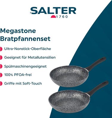 Набір сковорідок SALTER COMBO-3692 (2 шт.) 24/28 см Megastone Antihaft, нержавіюча сталь, з антипригарним покриттям, Soft-Touch ручки, для індукційних плит, сірий колір