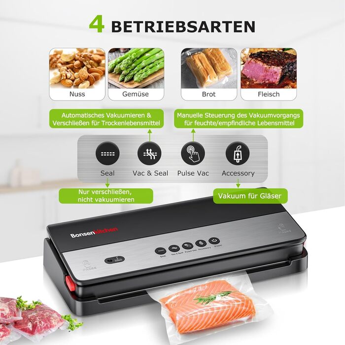 Вакуумний пакувальник Bonsenkitchen для сухих та вологих продуктів з вбудованим різаком, 1 рулон фольги, 50 професійних фольгованих пакетів чорного кольору