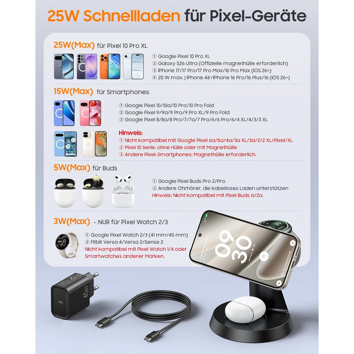 Бездротова зарядна станція 3 в 1 Meifigno 25W для Google Pixel Watch 3/2, 5, 4, чорна
