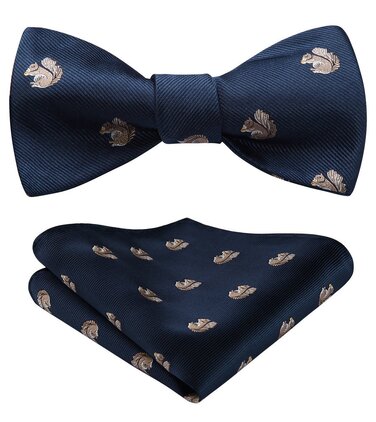 HISDERN Чоловіча краватка-метелик з кишеньковим хустинкою, комплект. Краватка-метелик для чоловіків у горошок/з принтом тварин, для весілля, вечірки, темно-синій/білка