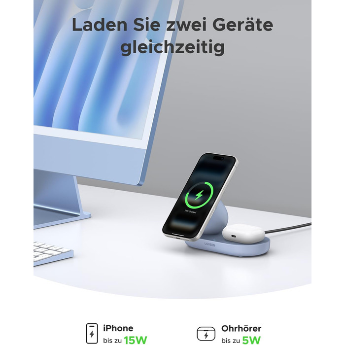 Бездротовий зарядний пристрій UGREEN 2-в-1 15W MagSafe для iPhone 15/14/13/12/17/16 та AirPods, кабель 1м - Синій