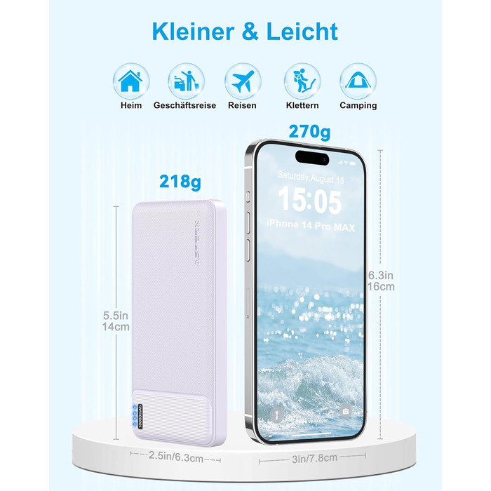 Power Bank AsperX 10000mAh 2 шт. Slim, портативний акумулятор USB-C для iPhone, iPad, Huawei, планшетів – блакитний + фіолетовий