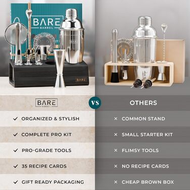 Bare Barrel Pro Cocktail Set - 14-Piece Boston Shaker Set with Stand & Recipe Cards - Bar Accessories - 24oz Cobbler Shaker (Jet Black, Silver, Black)