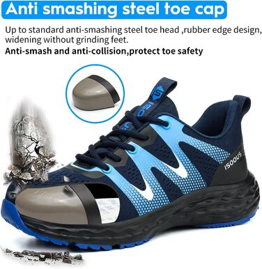 Черевики робочі ISOOUS для чоловіків та жінок. Безпекові черевики з металевим капаком, антиковзаючі, дихаючі, спортивного стилю (47 EU, Синій)