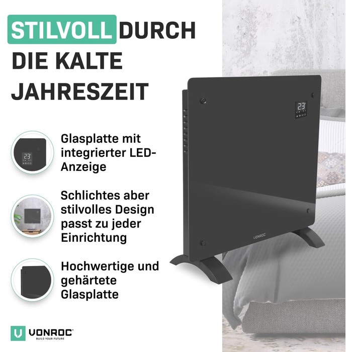 Електричний конвекторний обігрівач VONROC - 1000W, сірий, для кімнат до 12м²