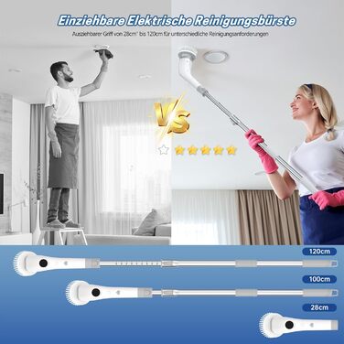 Електрична щітка для прибирання ванної кімнати, 7 в 1, з набором насадок, LED-дисплей, регульована ручка, IPX7, білий