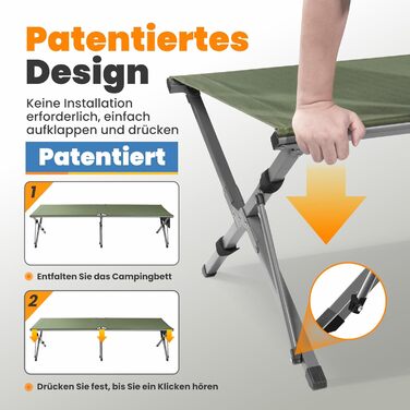 Розкладне ліжко для кемпінгу 210x80x60 см, стабільне, з кишенею, 200 кг, для відпочинку на природі, в саду, в подорожах, вдома (зелене)