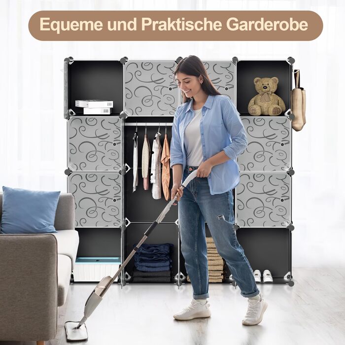 DIY Closet Shelf System with 16 Cubes, Wardrobe, Open Closet, Plastic Wardrobe with Doors, Wardrobe Cabinet, Black, 180 x 142 x 37CM (Black 16 Cubes with Clothes Hooks)
