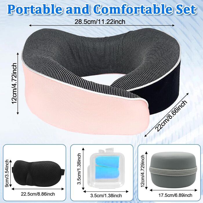 Подушка для шиї в літак, 360° - подушка для подорожей з піною Memory Foam, набір для дорослих - ергономічна, з коробкою для зберігання, маскою для очей та навушниками (Рожева)