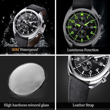 Годинник чоловічий SAPPHERO кварцові з шкіряним ремінцем. Класичний бізнес-годинник для чоловіків, водонепроникність 50 метрів, арабські цифри, хронограф (срібно-чорний)