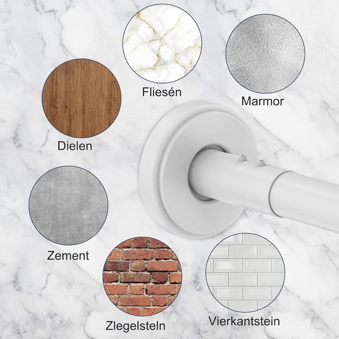 Штанга для душу U/L форми, 75x(150-190)x75 см - 2 в 1 (душова завіса, ванна, кут) - без кріплення до стелі, 24 кільця з нержавіючої сталі (біла)