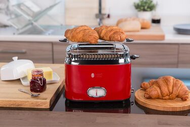 Russell Hobbs Toaster [for 2 slices] Retro Stainless Steel Red (Retro-style countdown display, includes bread roll attachment, 6 browning levels + defrost & reheat function, 1300W) Vintage 21680-56
