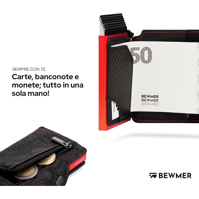 Гаманець-картхолдер BEWMER з RFID-захистом, карбоновим затискачем для грошей та застібкою на блискавці (Чорний/Червоний)