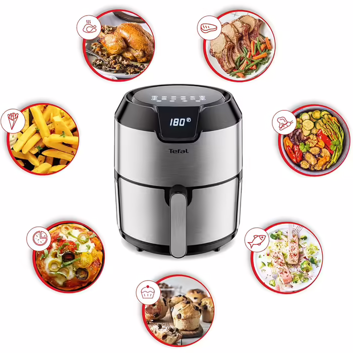 Tefal EY401D Hot Air Fryer Easy Fry Deluxe XL | Air Fryer | 1500 W | 4.2 L for 6 servings | 8 automatic programs | Digital display | energy-saving | healthy fryer without oil | stainless steel