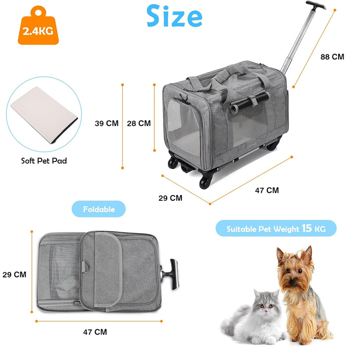 Переноска для тварин ALLSOPETS з колесами для котів та собак, схвалена для авіаперельотів, з висувним ручками, знімними колесами та плечовим ременем, портативна сумка для маленьких тварин (сіра)