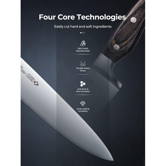 AMEGAT Self-Sharpening Knife Block Set with Carving Fork - Premium Stainless Steel Knife Set with Wooden Block - Vollerl & 3-Rivets Design