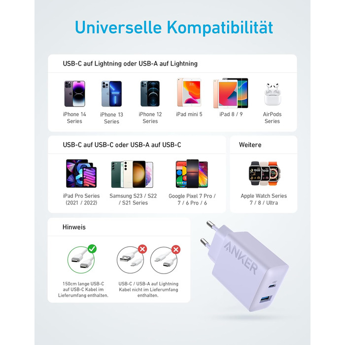 Зарядний пристрій Anker 20W USB-C, адаптер живлення для iPad, швидка зарядка, сумісний з iPhone 17/16/15 (з кабелем USB-C 150см), фіолетовий