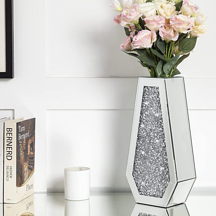 Срібна ваза Shyfoy з дзеркальною поверхнею, 36 см, з декором з кристалів та діамантів. Сучасна ваза для декору інтер'єру, для дому, на стіл, вхід.