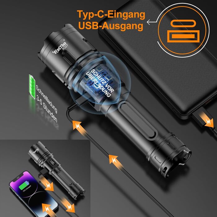 LED ліхтар на акумуляторі XHM90.2 - 500000 люмен, тактичний ліхтар, 2 режими, регулювання яскравості, чорний