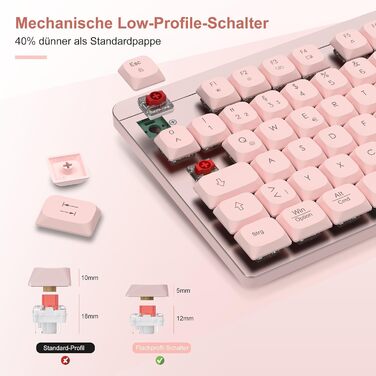 Leadsail FA98 Механічна клавіатура та миша бездротові, QWERTZ, 98 клавіш, низькопрофільний червоний перемикач, 1600 DPI, для Windows MacOS PC Laptop (Рожеве золото)