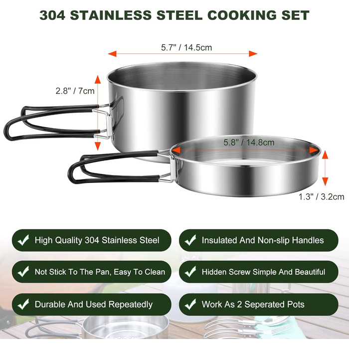 Набір кухонного посуду для кемпінгу Odoland 7 предметів: каструля, сковорода, тарілки, миски, столові прибори з нержавіючої сталі