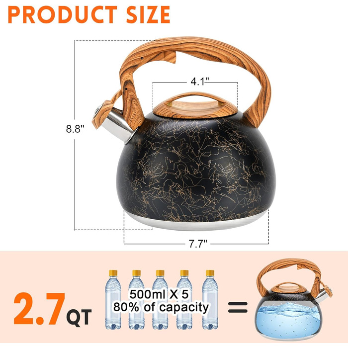 Чайник для плити GGC 3.1 л / 3 л з дерев'яною ручкою, з функцією кипіння, колір: сірий/чорний градієнт, нержавіюча сталь, для дому (Black Art Line)