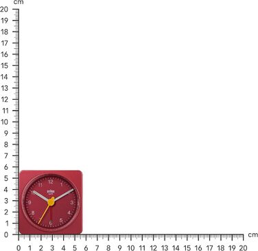 Braun Classic Analog Travel Alarm Clock, compact size, quiet quartz movement, crescendo alarm in red, model BC02R.