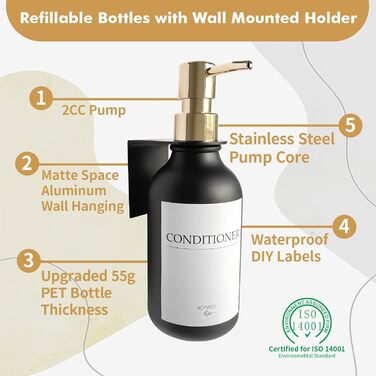 Набір дозаторів для мила та шампуню на стіну, 500 мл, 3 шт., без свердління, янтарний колір (чорна пляшка + золотий насос)